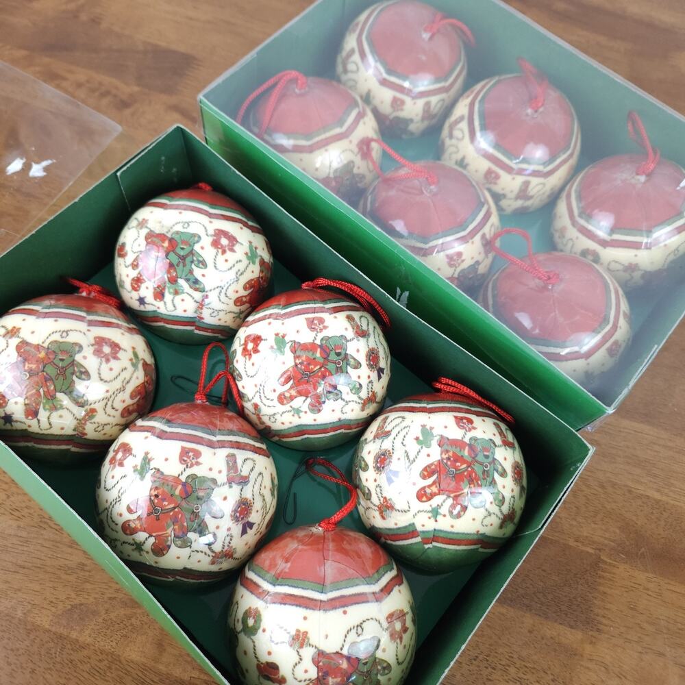 Decoupage Christmas Teddy Bear Ornament 3.5" Ball Paper Mache Retro Cottage 12pc